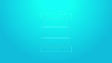 Fıçı ikonundaki pembe çizgi radyoaktif atık mavi arka planda izole edildi. Zehirli atık fıçısı. Radyoaktif atık emisyonları, çevre kirliliği. 4K Video hareketli grafik canlandırması