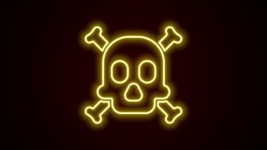 Siyah zemin üzerinde parlayan neon çizgisi Bones ve kafatası toksik uyarı simgesi olarak izole edilmiş. 4K Video hareketli grafik canlandırması