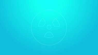 Mavi arkaplanda izole edilmiş pembe çizgi radyoaktif simge. Radyoaktif zehirli sembol. Radyasyon tehlikesi işareti. 4K Video hareketli grafik canlandırması