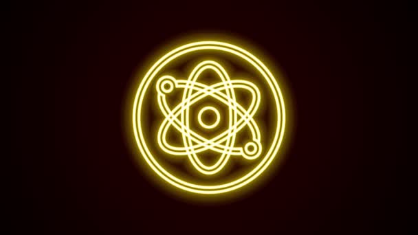 Glowing neon line Atom icon isolated on black background. Symbol of science, education, nuclear physics, scientific research. 4K Video motion graphic animation — Stock Video