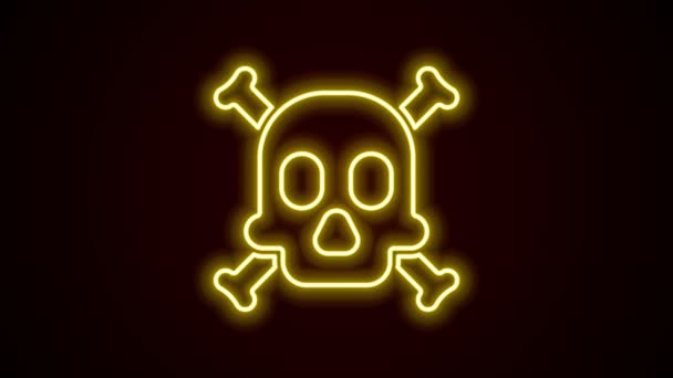 Gloeiende neonlijn Botten en schedel als teken van toxiciteit waarschuwing pictogram geïsoleerd op zwarte achtergrond. 4K Video motion grafische animatie — Stockvideo