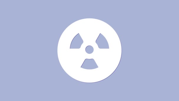 White Radioactive icon isolated on purple background. Radioactive toxic symbol. Radiation hazard sign. 4K Video motion graphic animation — Stock Video