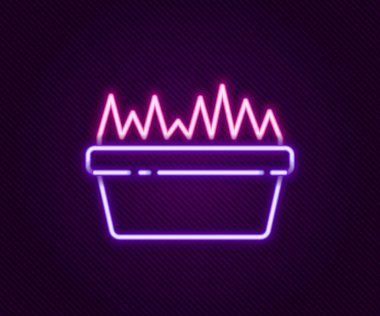 Siyah arkaplanda izole edilmiş dikdörtgen bir ikonda parlayan neon çizgisi taze çimen. Ev dekoru. Büyümenin ve ekolojinin sembolü. Renkli taslak konsepti. Vektör