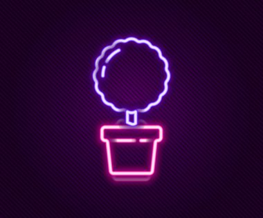 Siyah arkaplanda izole edilmiş tencere simgesinde parlayan neon hattı çiçeği. Tencerede yetişen bir bitki. Saksı bitkisi işareti. Renkli taslak konsepti. Vektör