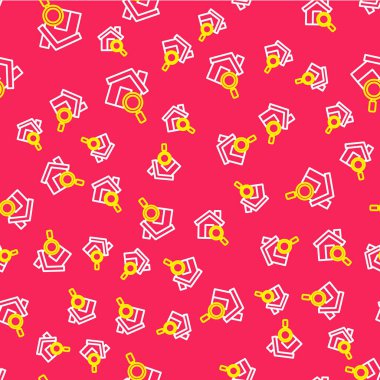 Hat Arama Evi simgesi kırmızı arkaplanda izole edilmiş kusursuz desen. Büyüteç altındaki bir evin emlak sembolü. Vektör