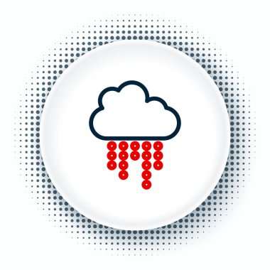 Beyaz arka planda izole edilmiş yağmur ikonlu çizgi bulutu. Yağmur damlaları ile yağmur bulutu yağışı. Renkli taslak konsepti. Vektör