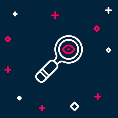 Mavi arkaplanda izole edilmiş çizgi büyüteç simgesi. Arama, odaklanma, yakınlaştırma, iş sembolü. Renkli taslak konsepti. Vektör