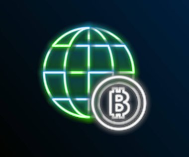 Parlayan neon hattı Globe ve kripto para birimi simgesi Bitcoin siyah arka planda izole edildi. Madeni para. Engelleme zinciri tabanlı şifreli para birimi. Renkli taslak konsepti. Vektör