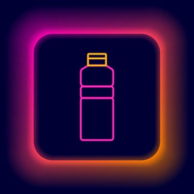 Parlayan neon hattı fitness karıştırıcı simgesi siyah arkaplanda izole edildi. Su ve protein kokteylleri için kapaklı spor karıştırıcı şişesi. Renkli taslak konsepti. Vektör