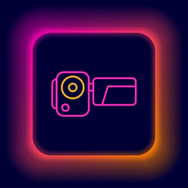 Glödande neon line Cinema kamera ikon isolerad på svart bakgrund. Videokamera. Filmtecken. Filmprojektor. Färgstarkt skisskoncept. Vektor — Stock vektor