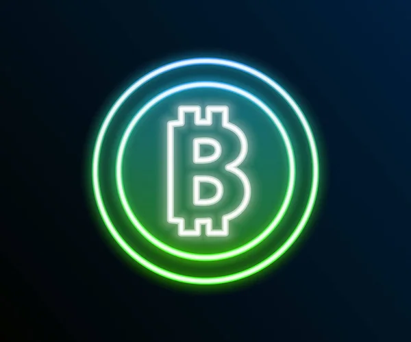Linea al neon luminoso Cryptocurrency moneta icona Bitcoin isolato su sfondo nero. Una moneta da due soldi. Blockchain basato cripto valuta sicura. Concetto di contorno colorato. Vettore — Vettoriale Stock