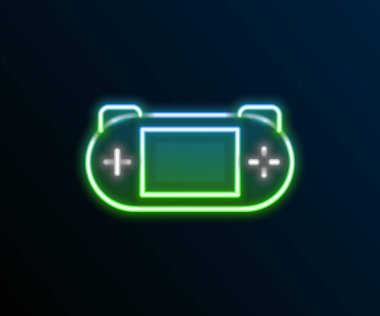 Parlayan neon hattı taşınabilir oyun konsolu simgesi siyah arkaplanda izole edildi. Av alanı tabelası. Oyun konsepti. Renkli taslak konsepti. Vektör