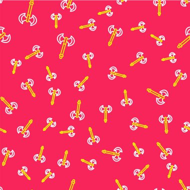 Çizgi Ortaçağ balta simgesi kırmızı arkaplanda izole edilmiş pürüzsüz desen. Savaş baltası, cellat baltası. Ortaçağ silahı. Vektör