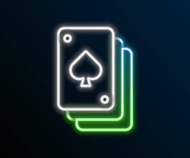 Parlayan neon hattı siyah arkaplanda izole edilmiş kart simgesi çalıyor. Kumarhane kumarı. Renkli taslak konsepti. Vektör