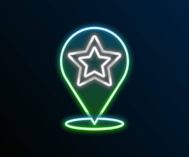Siyah arkaplanda yıldız simgesi izole edilmiş parlak neon çizgi haritası işaretçisi. Yıldız favori iğne haritası simgesi. Harita işaretleyicileri. Renkli taslak konsepti. Vektör