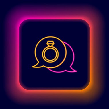 Parlak neon çizgili elmas nişan yüzüğü simgesi siyah arkaplanda izole edildi. Renkli taslak konsepti. Vektör