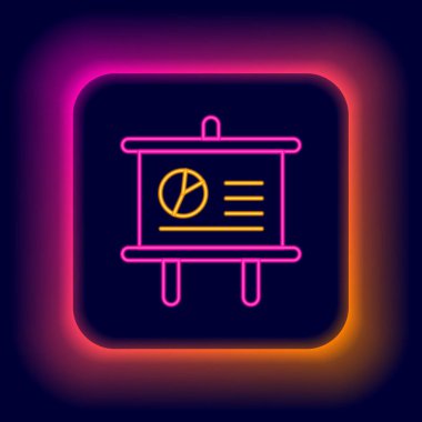 Parlak neon hattı sunum tahtası, grafik, çizelge, diyagram, bilgi grafiği, turta grafik simgesi siyah arkaplanda izole edilmiş. Renkli taslak konsepti. Vektör