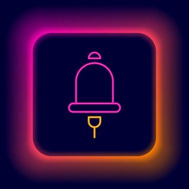 Parlayan neon hattı alarm zili simgesi siyah arkaplanda izole edildi. Yangın alarmı. Servis zili, el zili işareti, uyarı sembolü. Renkli taslak konsepti. Vektör