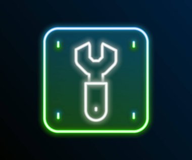 Parlayan neon hattı siyah zemin üzerinde izole edilmiş demiryolu ikonu onarımı. Onarım işe yarıyor. Tadilat işi. İmza ve bariyer. Renkli taslak konsepti. Vektör