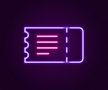 Parlayan neon hattı tren bileti ikonu siyah arka planda izole edildi. Demiryolu ile seyahat et. Renkli taslak konsepti. Vektör