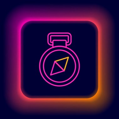 Parlayan neon hattı pusula simgesi siyah arkaplanda izole edildi. Rüzgâr yön bulma sembolü. Rüzgar gül işareti. Renkli taslak konsepti. Vektör