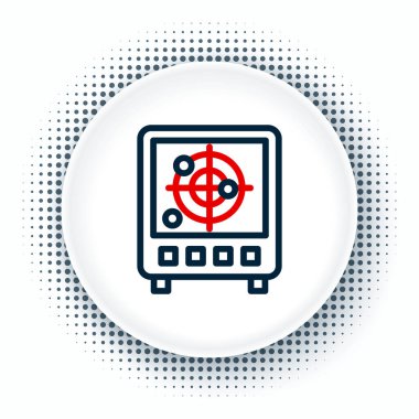 Beyaz arkaplanda izole edilmiş simgeyi ararken hedefleri olan çizgi radarı ekranda. Arama sistemi. Donanma sonarı. Renkli taslak konsepti. Vektör