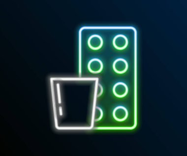 Parlayan neon çizgisi hapları siyah arka planda izole edilmiş. İlaç paketi. Tablet, vitamin, antibiyotik, aspirin. Renkli taslak konsepti. Vektör