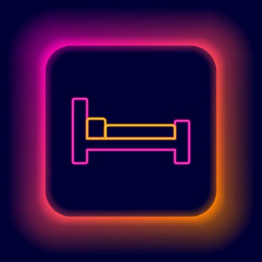 Parlayan neon çizgisi yatak simgesi siyah arkaplanda izole edildi. Renkli taslak konsepti. Vektör
