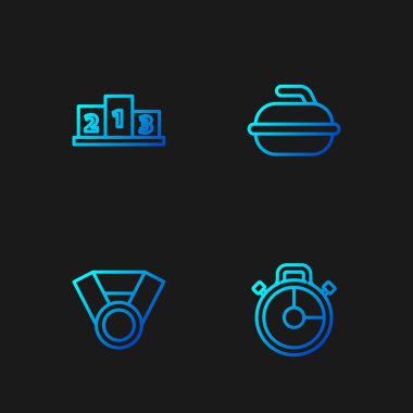 Çizgi Stopwatch, Madalya, spor şampiyonu podyumu ve Curling oyunu için Stone ödülü. Renk simgeleri. Vektör