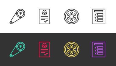 Çizgi çizgisi, kemer kiti, otomotiv kontrolü, araç tekerleği ve araba teftişi. Vektör