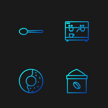 Sıralı kahve torbası, tatlı jöleli çörek, kaşık ve kahve makinesi. Renk simgeleri. Vektör