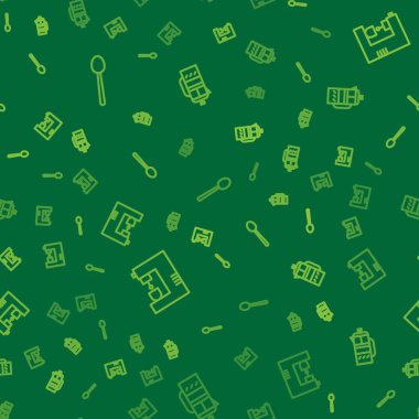 Çizgi kaşık, kahve makinesi ve Fransız pres makinesini kusursuz desenlere ayarlayın. Vektör