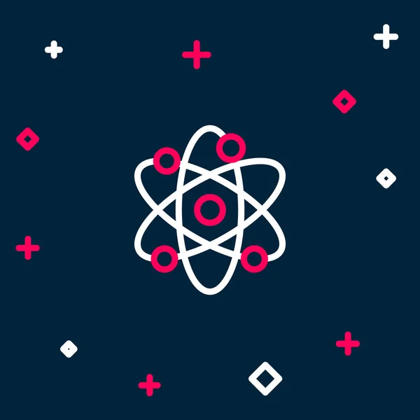 Ícone de linha Átomo isolado no fundo azul. Símbolo da ciência, educação, física nuclear, pesquisa científica. Conceito de esboço colorido. Vetor — Vetor de Stock