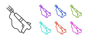 Beyaz arka planda siyah çizgili balıkçı zıpkını ikonu izole edildi. Suyun altında balık yakalamak için balıkçılık üreticileri. Su altı ekipmanları. Simgeleri renklendirin. Vektör