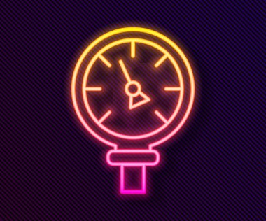 Parlayan neon hattı basınçlı su ölçer simgesi siyah arkaplanda izole edildi. Vektör