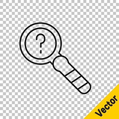 Siyah çizgi Bilinmeyen arama simgesi şeffaf arkaplanda izole edildi. Büyüteç ve soru işareti. Vektör