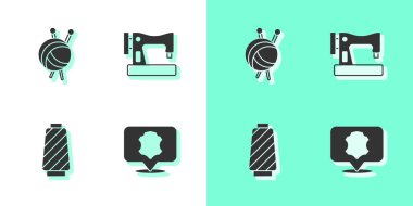 Deri set, örgü iğneli iplik yumağı, makaraya iplik dikme ve makine simgesi. Vektör