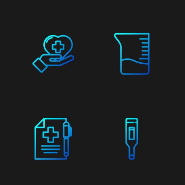 Tıbbi dijital termometre, reçete ve kalem, çapraz ve ölçü kablı kalp ayarlayın. Renk simgeleri. Vektör