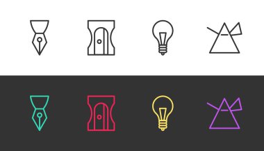 Çeşme kalem ucu, kalem açacağı, siyah ve beyaz üzerine fikir ve ışın prizması kavramına sahip ampul. Vektör