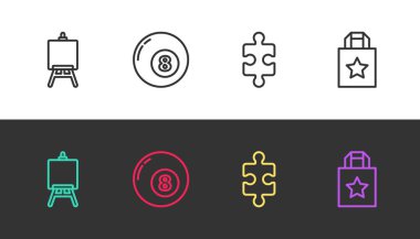 Easel ya da resim tahtaları, bilardo bilardo topu, yapboz ve kağıt torbası. Vektör