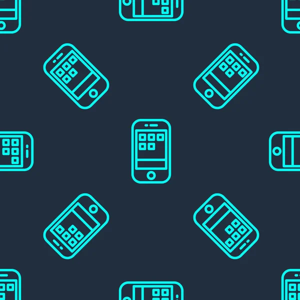 Grön linje Smartphone, mobiltelefon ikon isolerad sömlös mönster på blå bakgrund. Vektor — Stock vektor