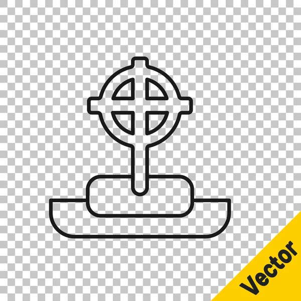 Schwarze Linie Grabstein mit Kreuz Symbol isoliert auf transparentem Hintergrund. Grab-Symbol. Frohe Halloween-Party. Vektor — Stockvektor