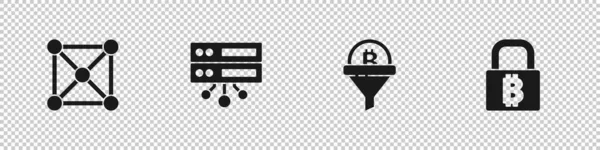 Establecer tecnología Blockchain, Servidor, Embudo de ventas con bitcoin e icono de bloqueo. Vector — Archivo Imágenes Vectoriales