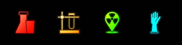 Σετ δοκιμαστικό σωλήνα και φιάλη, σε στάση, Radioactive στην τοποθεσία και Ιατρικό καουτσούκ γάντια εικονίδιο. Διάνυσμα — Διανυσματικό Αρχείο