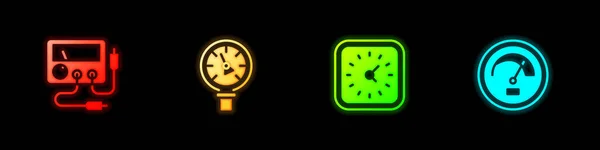 Set Multímetro, voltímetro, agua a presión, reloj y velocímetro icono. Vector — Vector de stock