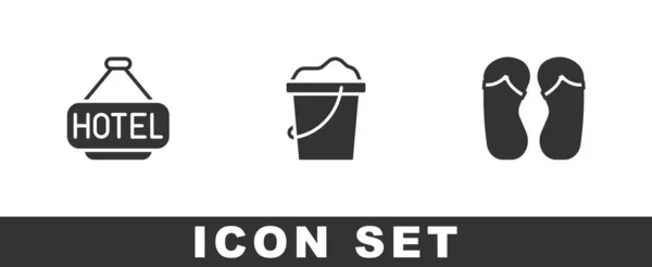 Set Signboard with text Hotel, Sand in bucket and Flip flops icon. Vector — 스톡 벡터