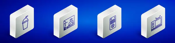 Set Isométrico línea de vidrio de papel con paja, Online play video, control remoto y retro tv icono. Vector — Archivo Imágenes Vectoriales
