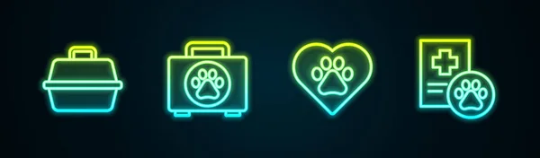 Hayvan taşıma çantası, ilk yardım çantası, hayvan ayak izli kalp ve klinik evcil hayvan. Parlayan neon ikonu. Vektör — Stok Vektör