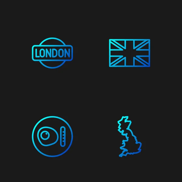 Ustaw mapę Anglii, brytyjskie śniadanie, London sign and Flag of Great Britain. Ikony kolorów gradientu. Wektor — Wektor stockowy