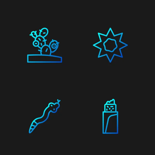 Set line Burrito, Snake, Cactus and Sun. Gradient color icons. Vector — 스톡 벡터